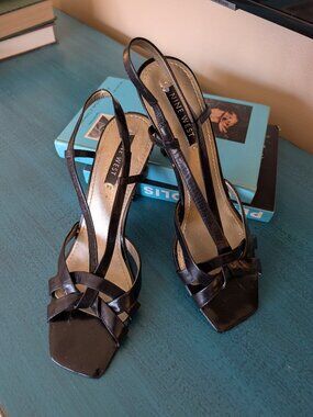 NINE WEST Strappy Black Leather Heels Square Toe 9 M
